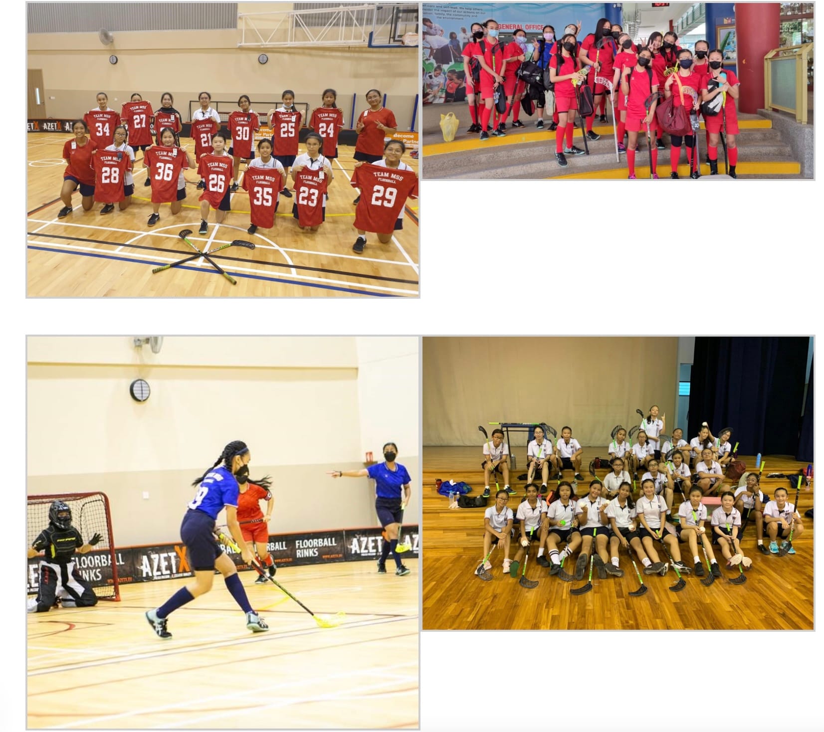 Four photos showing girls' floorball teams posing with jerseys and sticks, and playing a match on an indoor court.